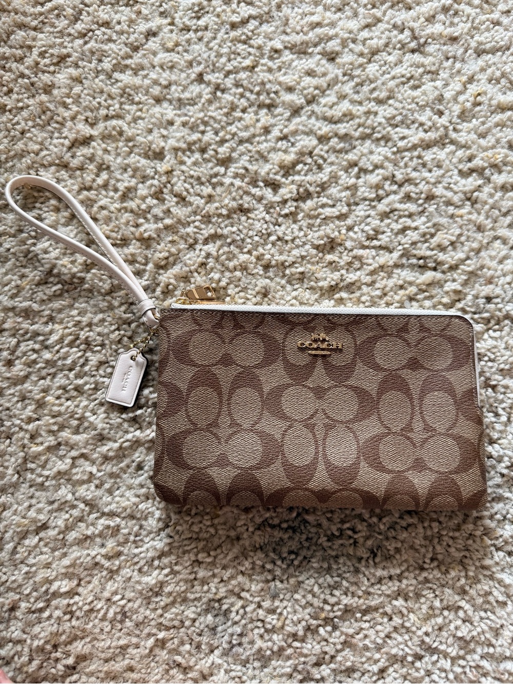 Coach Signature Brown & White PVC Double Zip Corner Zip Wristlet Wallet
